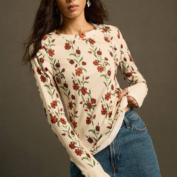 Apricot Boho Women's Elastic Ribbed Long Sleeve T-Shirt w/Floral Cinched Waist - Picture 6 of 6